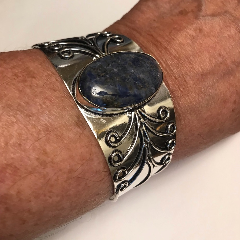 Lapis Lazuli Stamped 925 Sterling Silver Cuff Bracelet